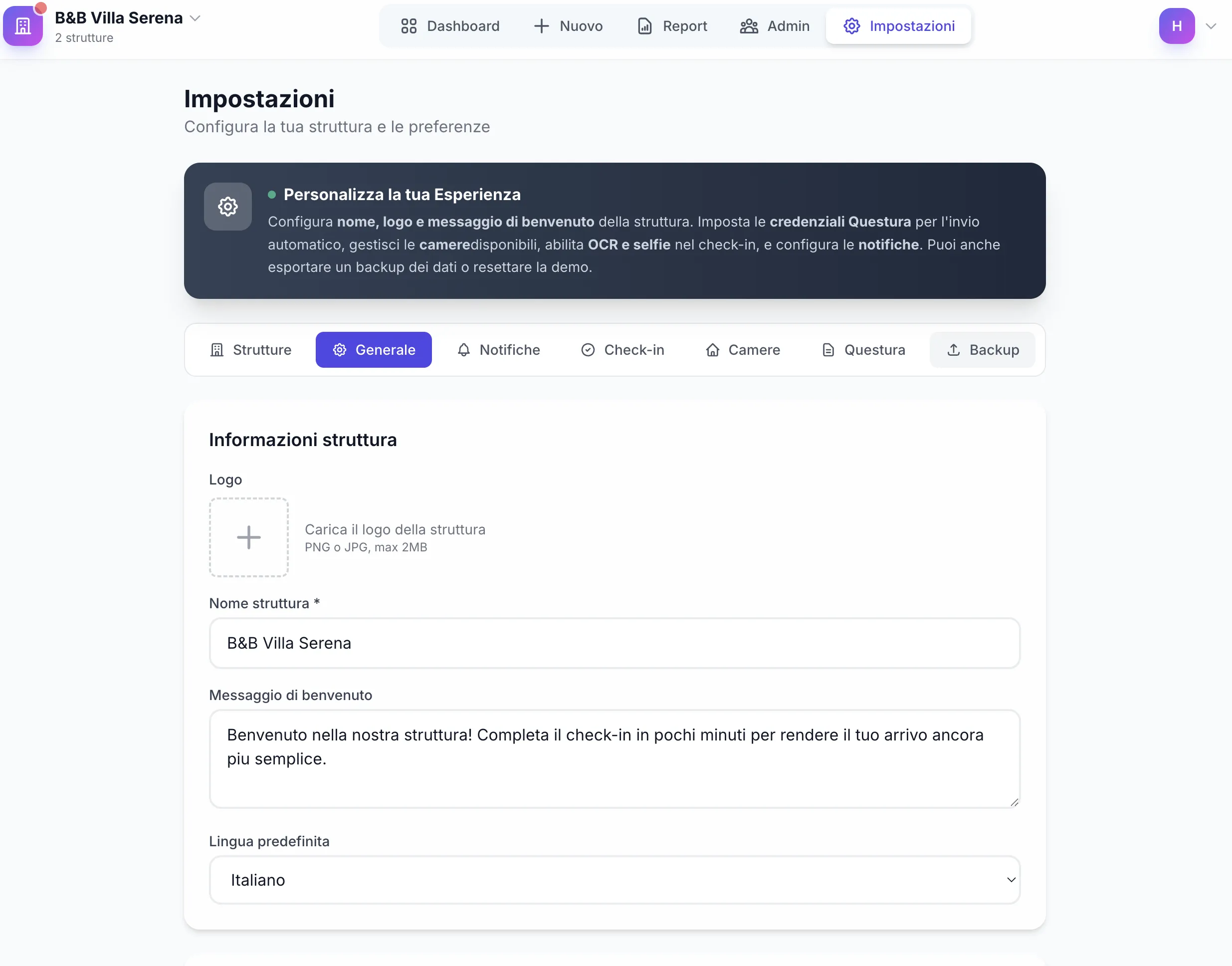 Impostazioni software hotel - Configurazione struttura, logo, camere, credenziali Questura e notifiche