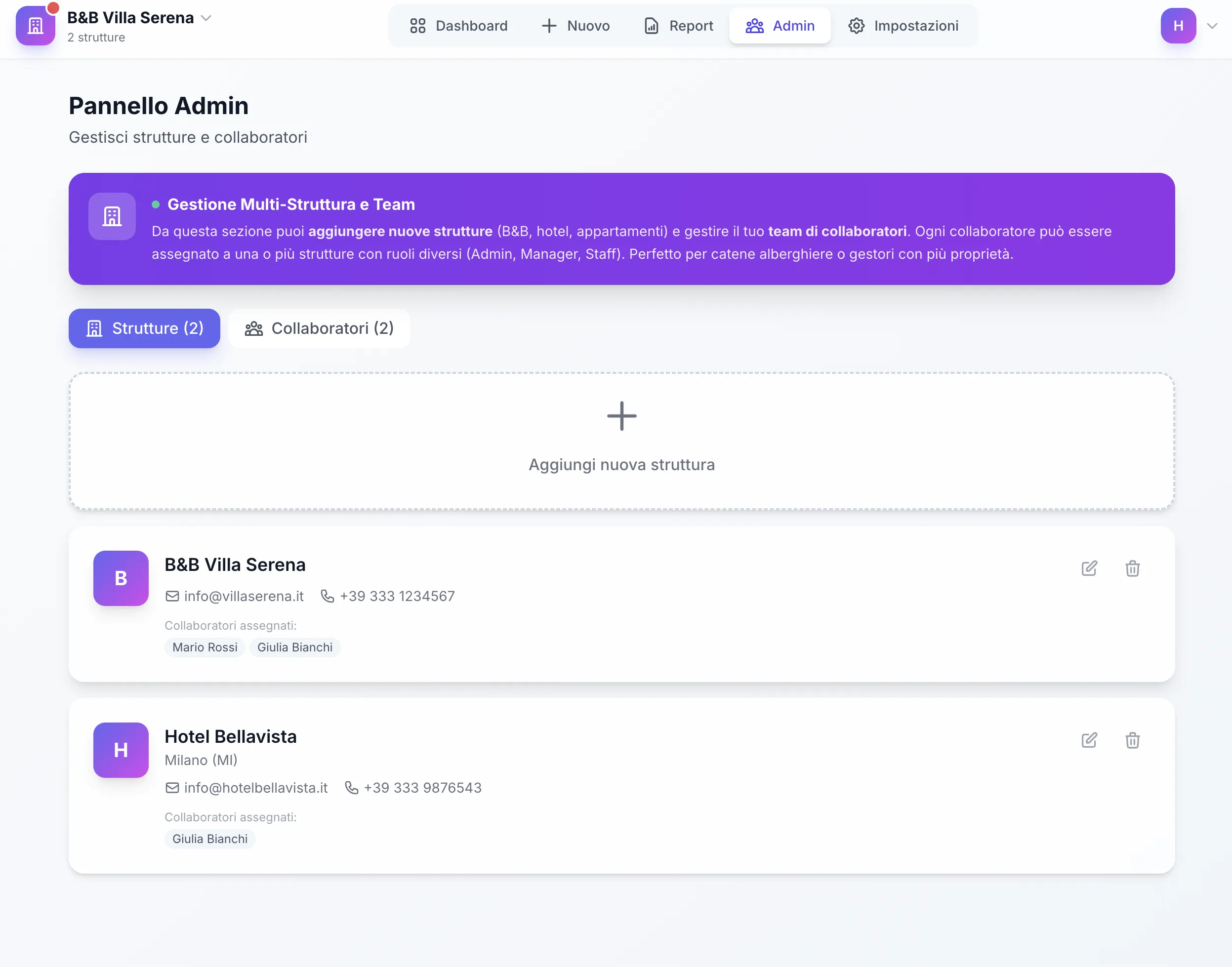 Pannello admin multi-struttura - Gestione centralizzata hotel B&B appartamenti con team e collaboratori