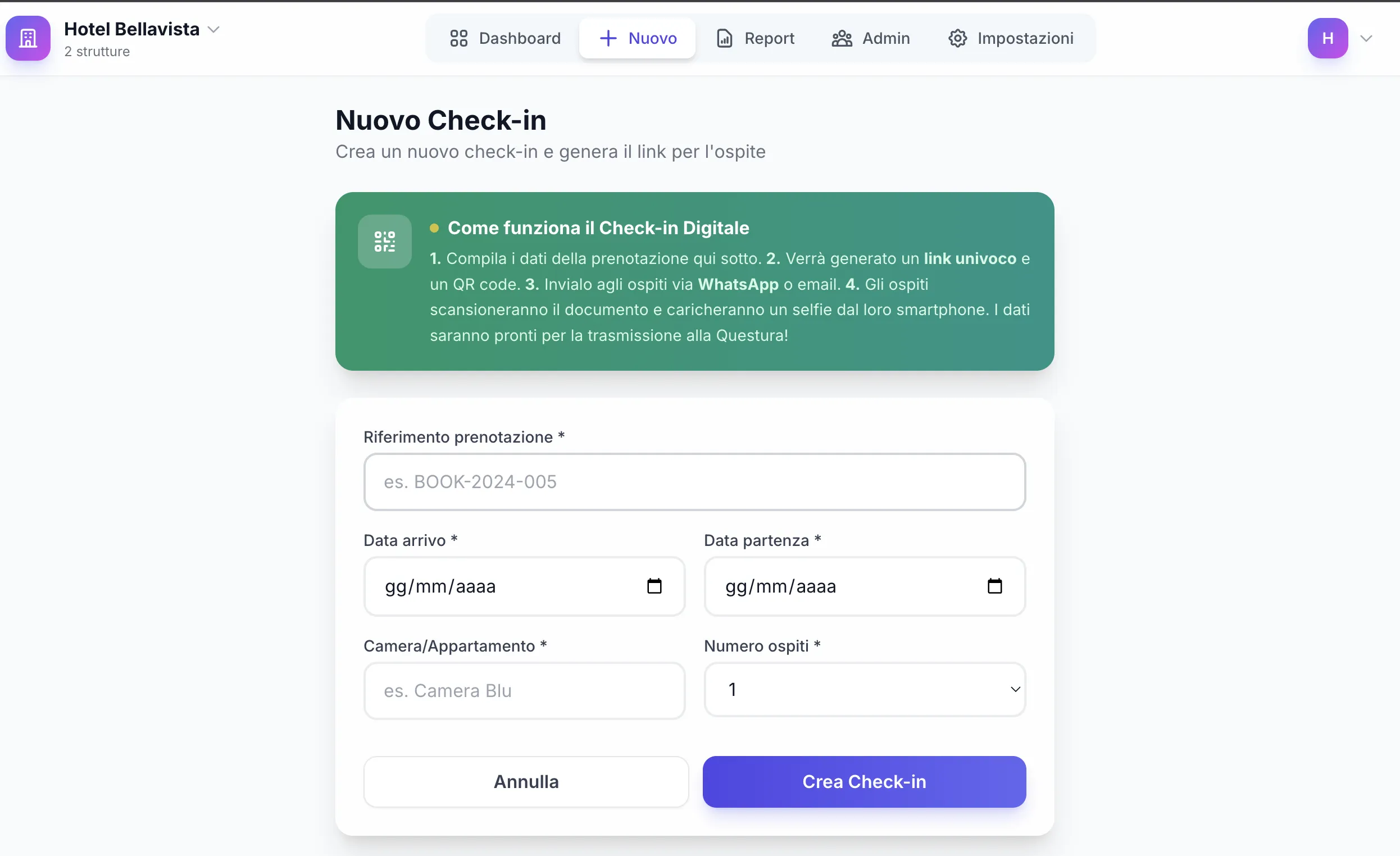 Creazione nuova prenotazione check-in hotel - Form inserimento dati ospite, date arrivo partenza e camera